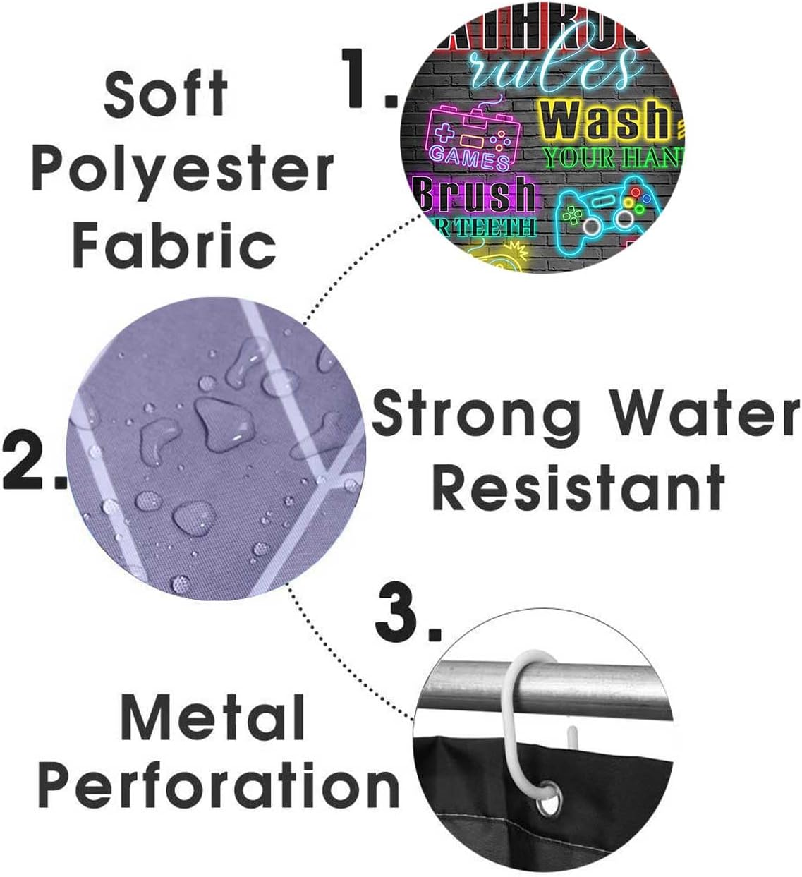 4PCS Video Game Bathroom Rules Shower Curtain Sets with Rugs, Waterproof Fabric Shower Curtain, Colorful Neon Funny Quotes Gaming Controller Gamepad Gamer Cool Teen Boys Kids Bathroom Decor