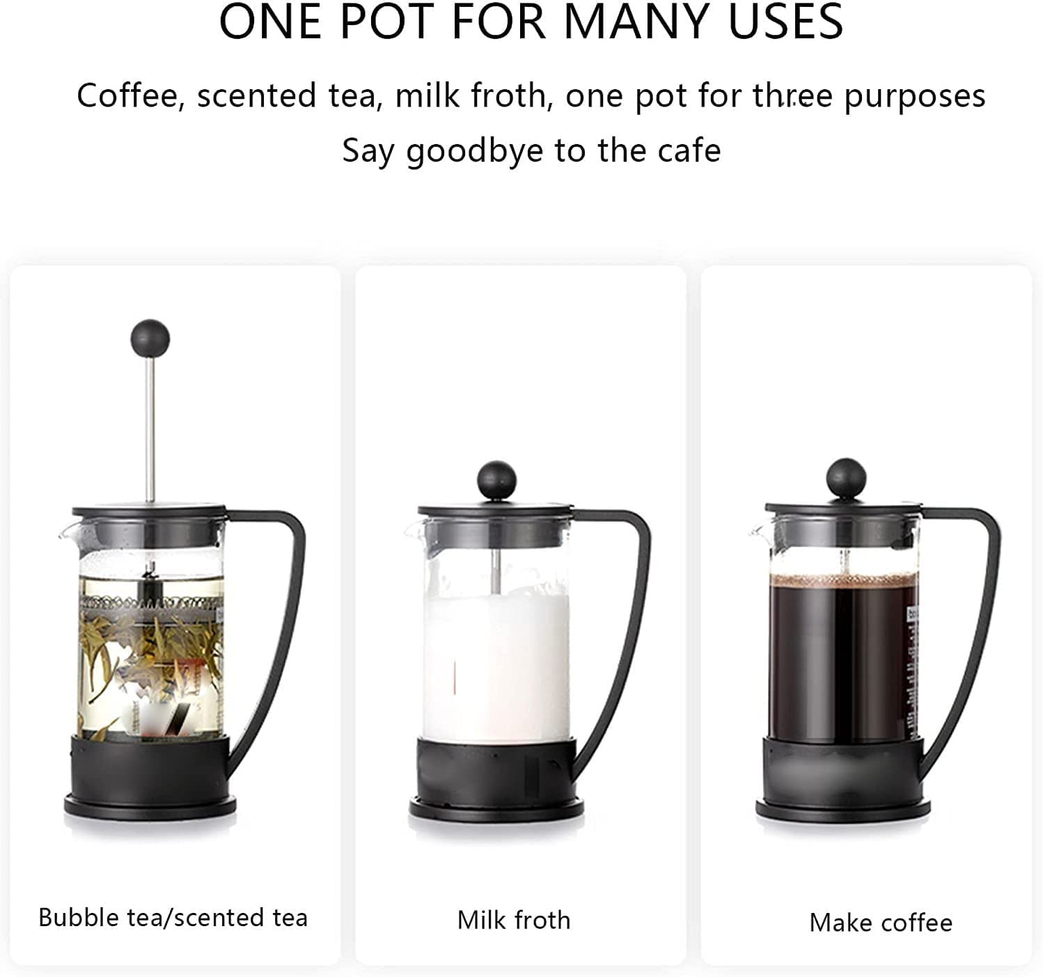 Cafetera de prensa, prensa de café, cafetera, cafetera, cafetera y tetera, pantallas de filtro de prensa de café de vidrio de borosilicato espesado, sin óxido y aptas for lavavajillas, fácil de limpia
