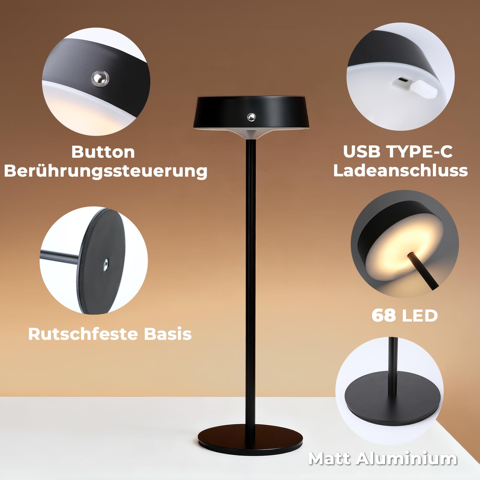 Lampe de Table LED Sans Fil 2 Pièces, Lampe Chevet Rechargeable Tactile, Hauteur Réglable, Luminosité et 3 Températures de Couleur Variables, Aluminium Noir IP65, Pour Salon Chambre