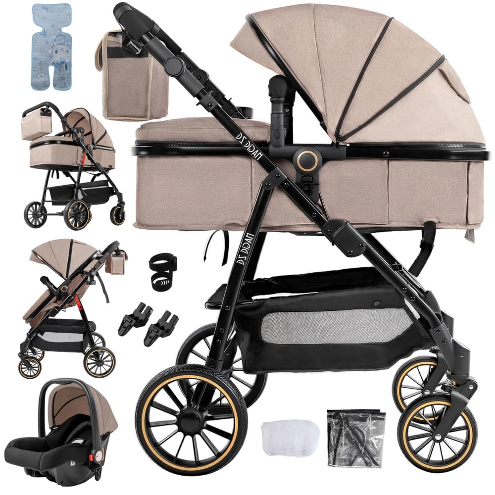 Cochecito 3 en 1 con Asiento Automóvil y Plegado Unimanual,Caqui | Protección solar UPF 50+, mecanismo de plegado simple con una sola mano
