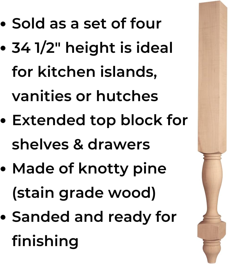 Osborne Marshall Island Leg in Knotty Pine Wood (Set of Four), Replacement Wood Posts for Kitchen Island or Bathroom Vanity, Unfinished Wooden Island Legs are Sanded and Ready to be Finished