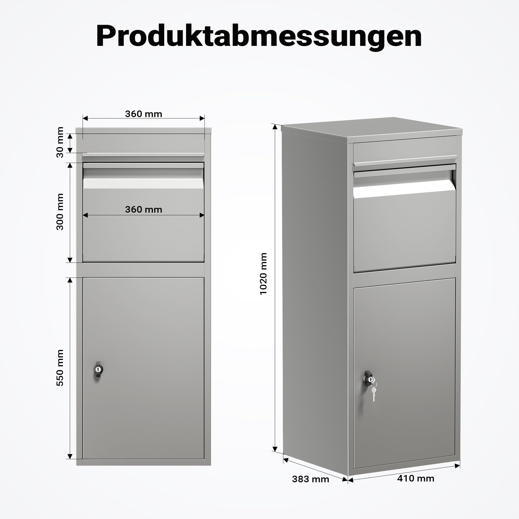 Wiltec Paketkasten grau 410 x 380 x 1020 mm Paketbox aus Stahl mit Pulverbeschichtung abschließbarer Standbriefkasten für Paketannahme zu Hause Zustellung von Paket, Post, Brief