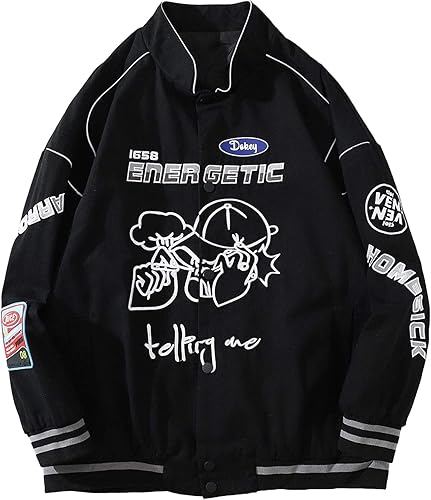 Vamtac Chaqueta Varsity para hombre, estilo vintage, con diseño de letras de coche de carreras de Nascar, para otoño, color negro, chaqueta de