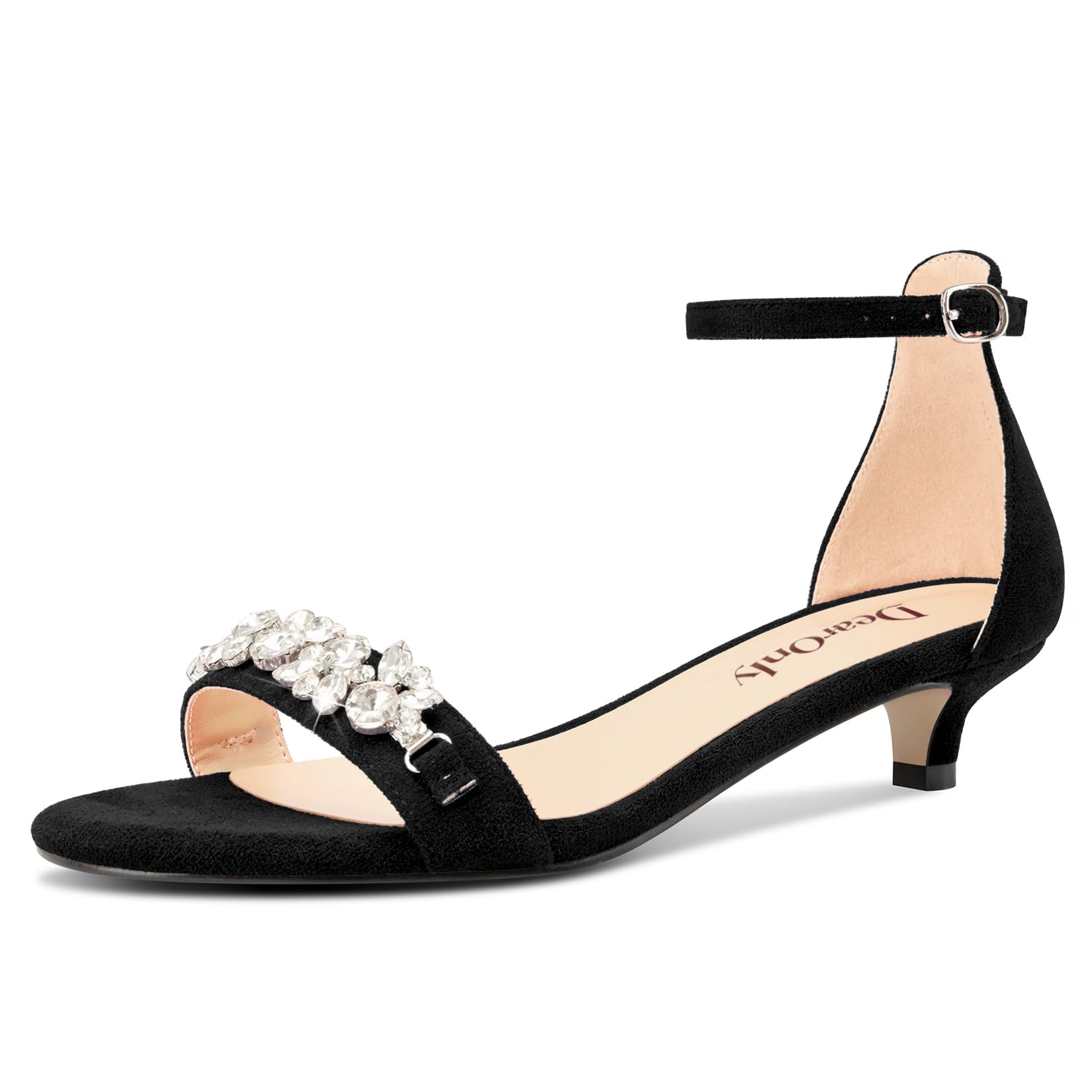 DearOnly Womens Low Kitten Heel Peep Open Toe Ankle Strap Sandals Rhinestone Crystal Buckle Office Summer Dress 1.4 Inches Heels