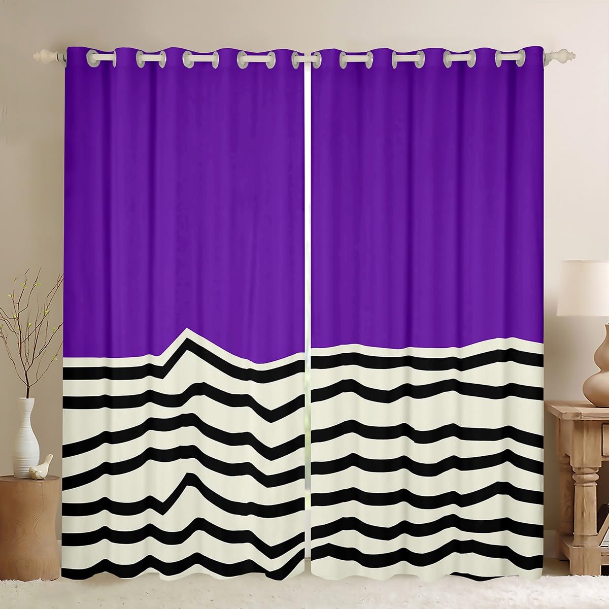 Homewish Purple Geometric Blackout Curtains 46 x 72 Inch 2 Panel Sets for Bedroom - Black Wavyd Bedroom Eyelet Curtains for Living Room - Abstract Stylish Room Darkening 2 Panels Chic Modern โ image 1