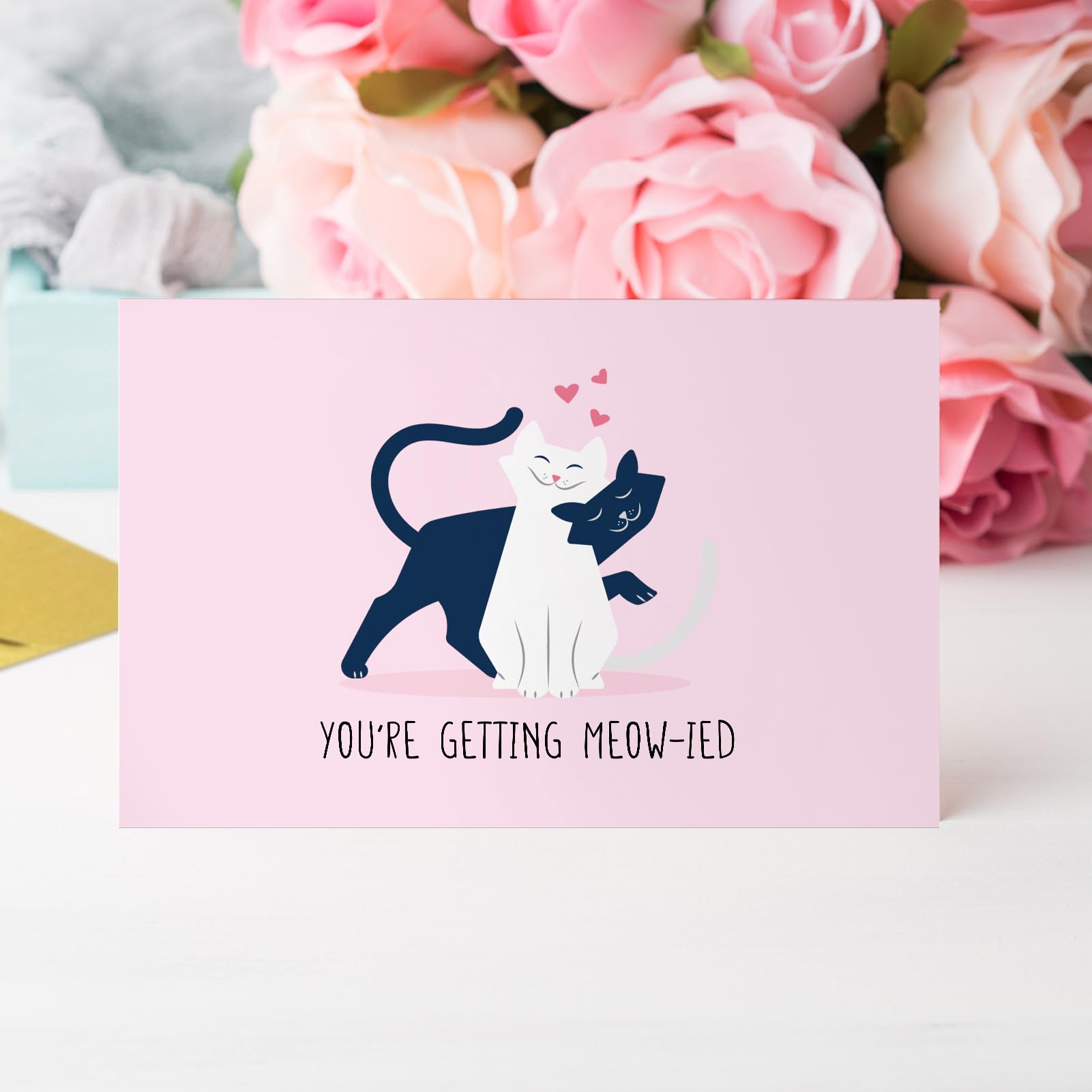 Qiliji Süße Katzen-Verlobungskarte, lustige Hochzeits-Glückwunschkarte, "You're Getting Meow-ied Married" Wortspielkarten