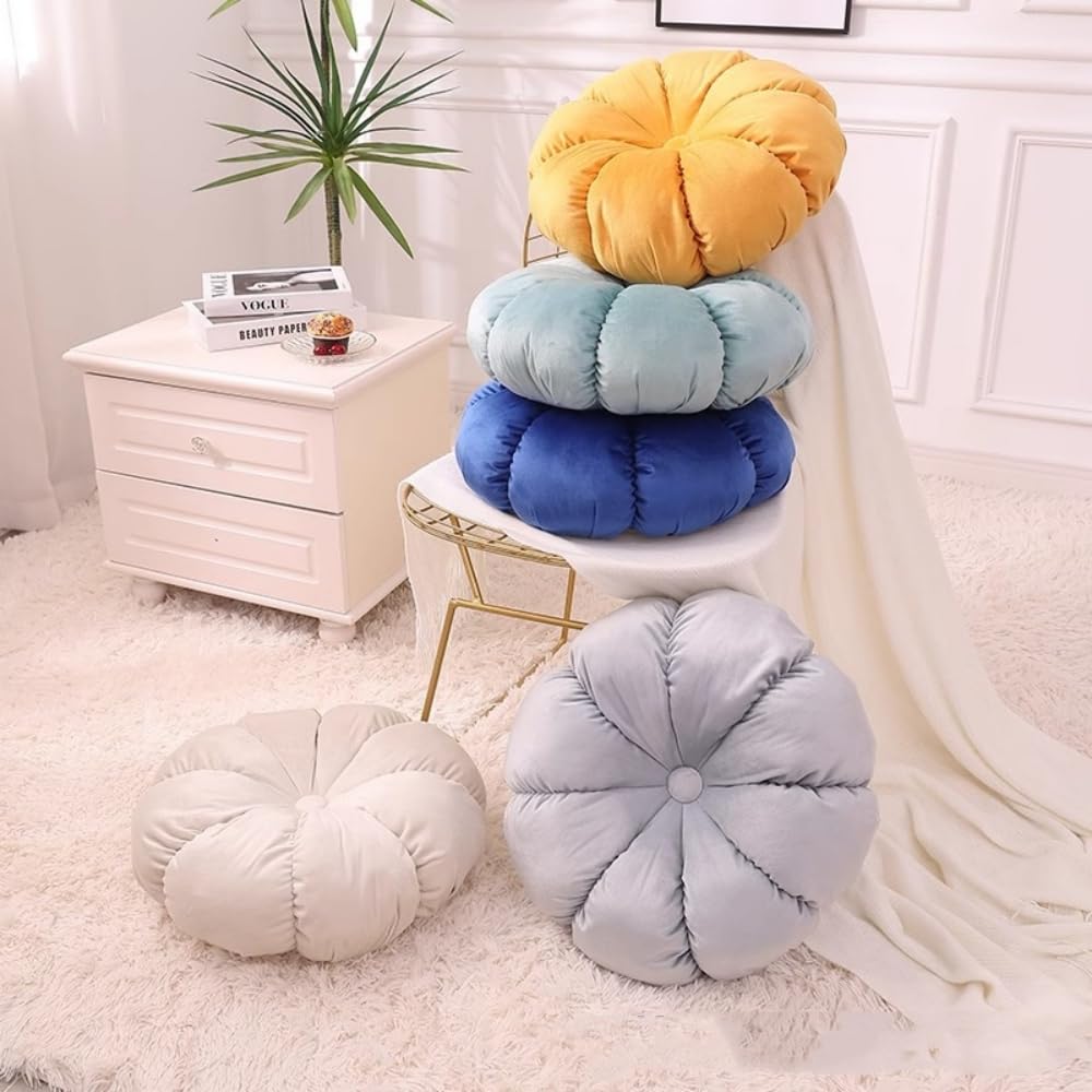 Set di 2 cuscini rotondi plissettati in velluto vintage, con accento di zucca con pulsante centrale, cuscini decorativi da pavimento per divano, poltrona e letto, giallo
