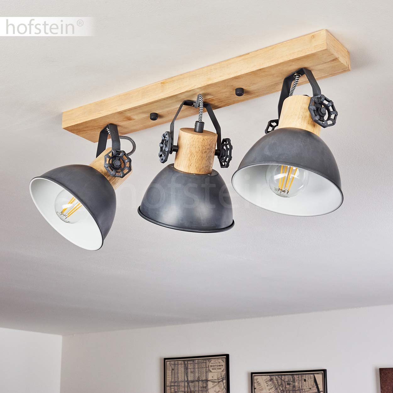 HOFSTEIN Deckenleuchte Orny, verstellbare Deckenlampe aus Metall/Holz in Grau/Weiß/Natur, moderne Leuchte im Industrial/Retro/Vintage-Design, 3 x E27, Wohnzimmer, Esszimmer, Schlafzimmer, Küche