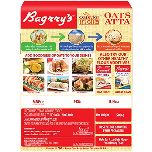 Image of Bagrry's Oats Atta 500gm Box | High in Protein & Fibre | Helps Manage Weight & Reduce Cholesterol | Non GMO | Healthy Oats Atta |100% Whole Grain Oats Atta (Pack of 2)