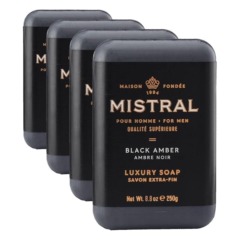 Sabonete em Barra Mistral Black Amber para Homens, Tripla Moagem, 4 Unidades de 250 g