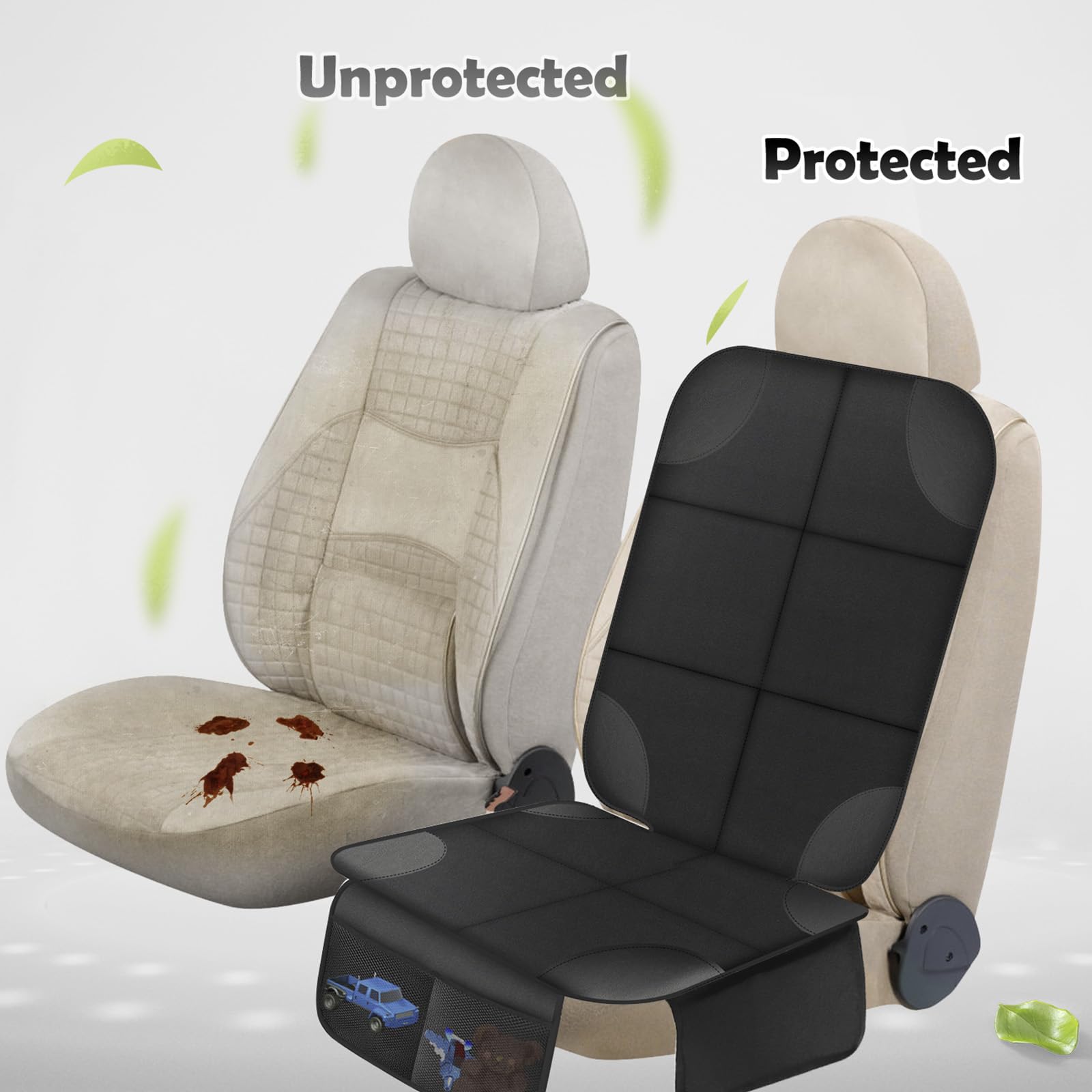 AiQInu Protector Asiento Coche, Impermeable Antideslizante Compatible Protector de Asiento de Coche de Niño con 2 Bolsillos de Almacenaje para Asiento de Coche de Cuero y Tela