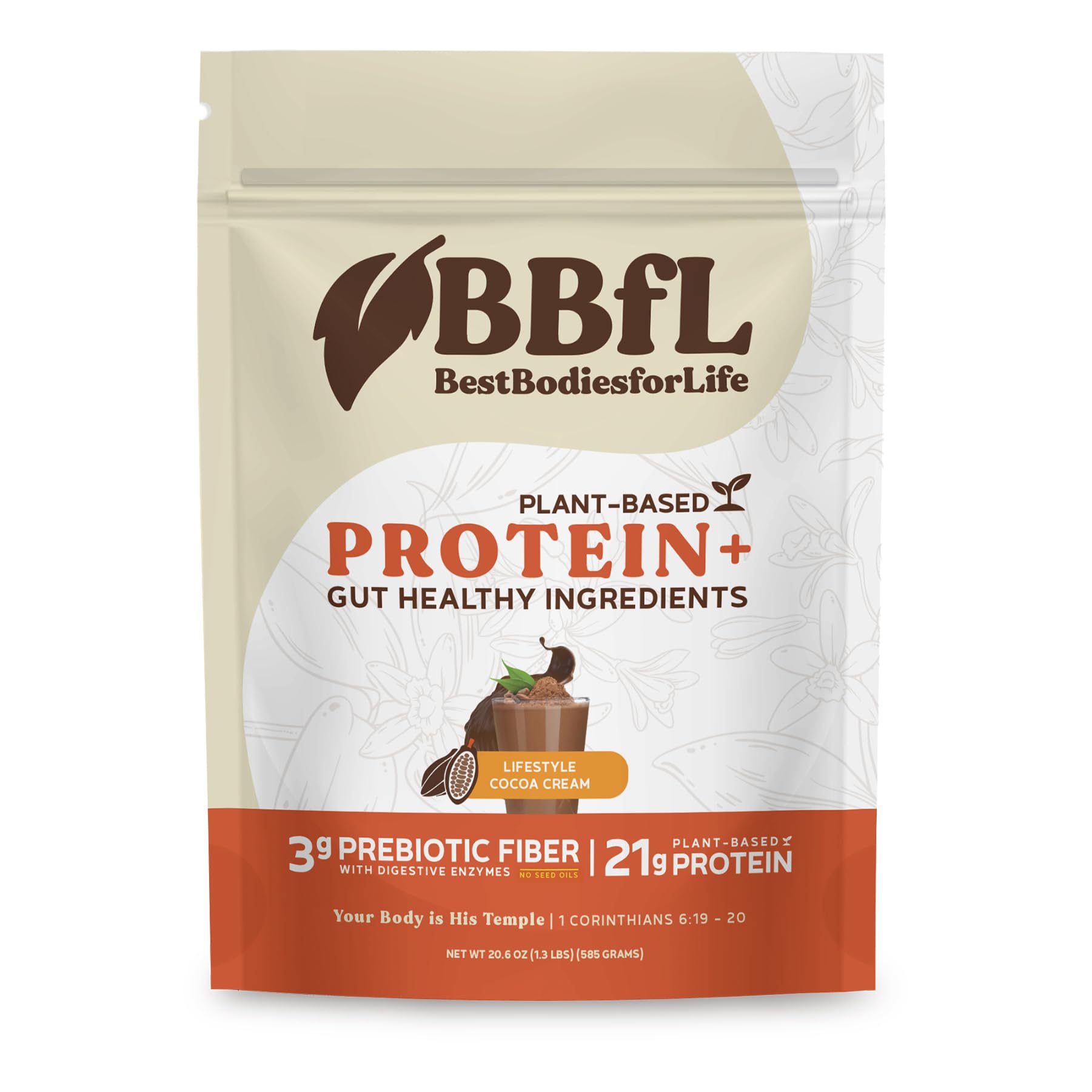 BBfL Plant-Based Protein Shake – 21g Vegan Protein, Cocoa + Apple Cider Vinegar, Prebiotics, Digestive Enzymes, Supports Gut Health – All-in-One Shake