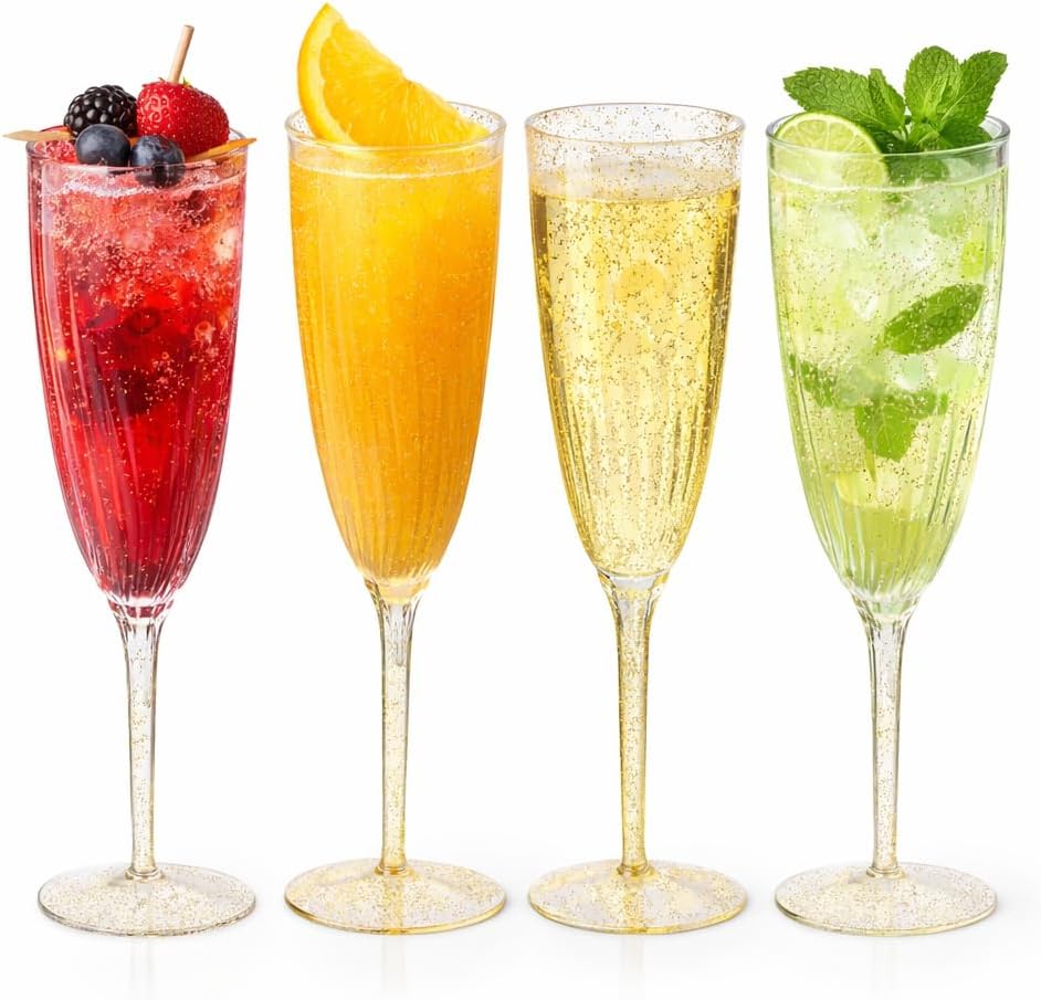 Oojami 24 Plastic Champagne Flutes 6 Oz Gold Glitter Disposable, Hard Clear Toasting Glasses for Wedding Party - BPA-Free