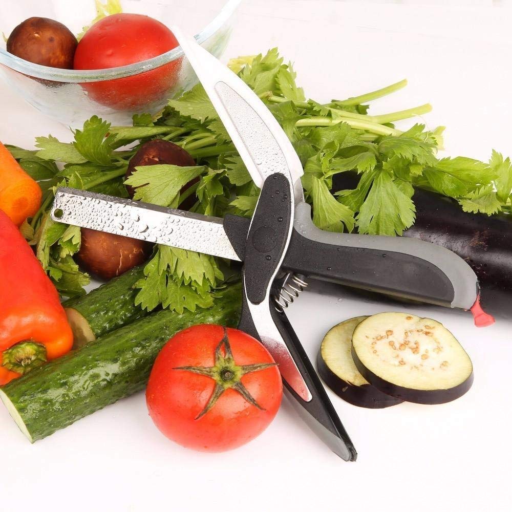 Eopzo Clever Cutter - 2 in 1 Food Chopper Multi Function Kitchen Vegetable Scissors Cutter Kitchen Knife with Spring Action - Cleaver Cutter Comes with Locking Hinge
