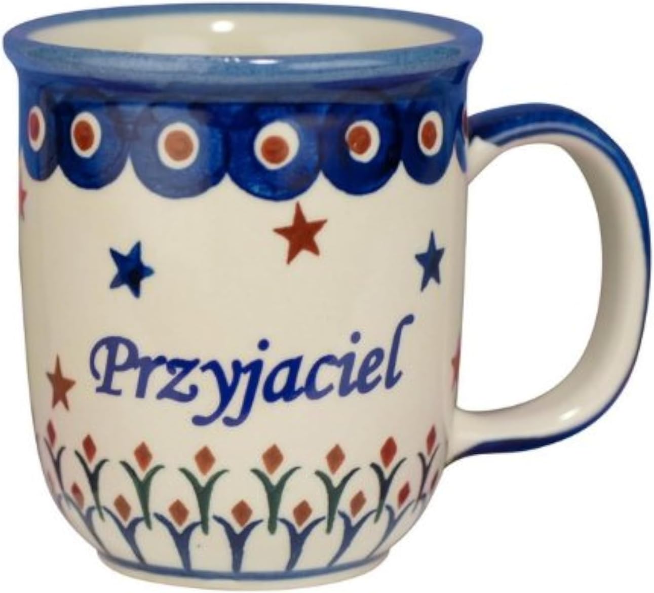 Polart, 12 oz Polish Boleslawiec Pottery Coffee Mug - Blue Stoneware PRZYJACIEL/FRIEND Word Design Mugs for Coffee & Tea Lover - Handmade Cute & Unique Coffee & Tea Cup Inspired by Poland Craftmanship