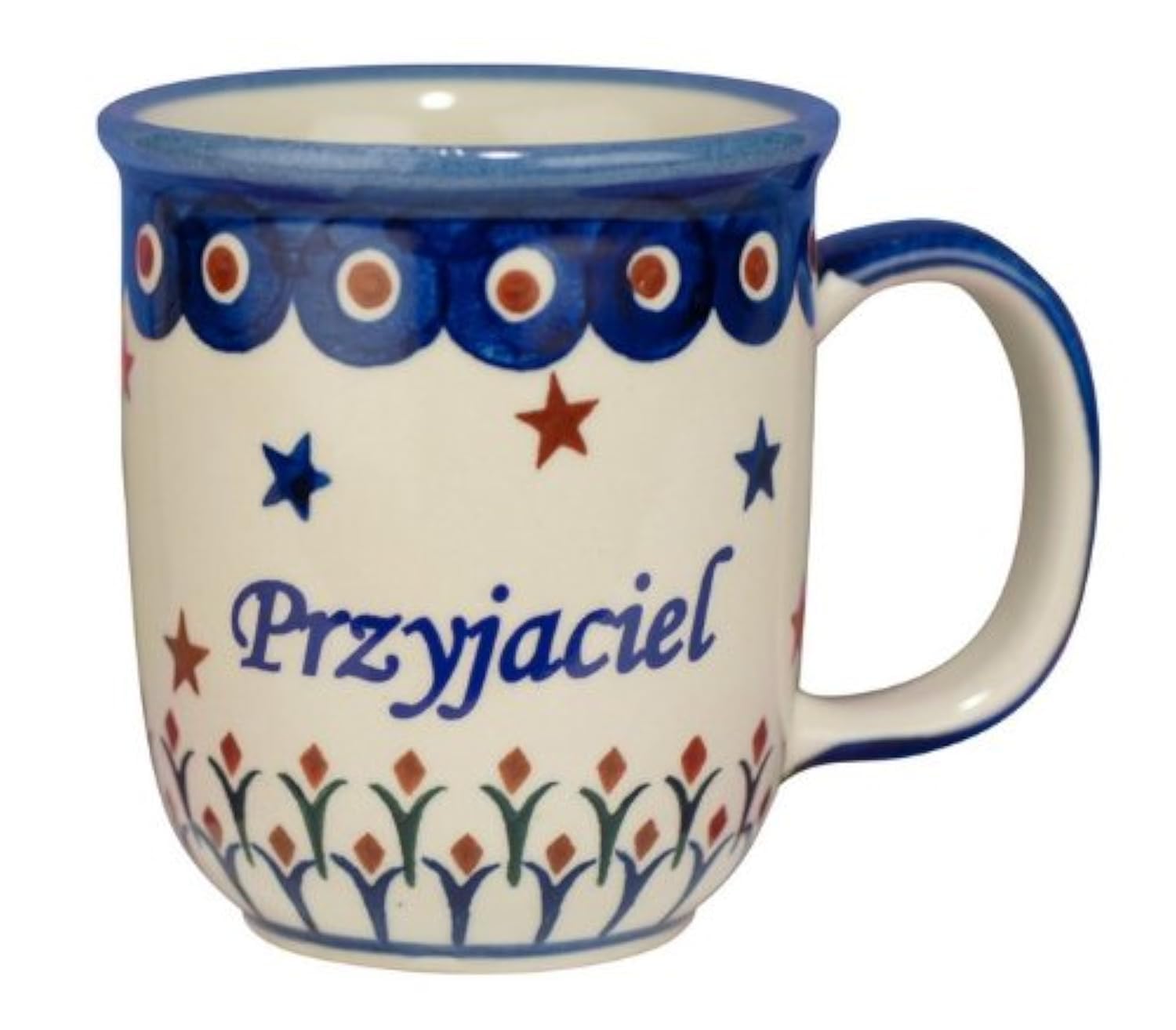 12 oz Polish Boleslawiec Pottery Coffee Mug - Blue Stoneware PRZYJACIEL/FRIEND Word Design Mugs for Coffee & Tea Lover - Handmade Cute & Unique Coffee & Tea Cup Inspired by Poland Craftmanship
