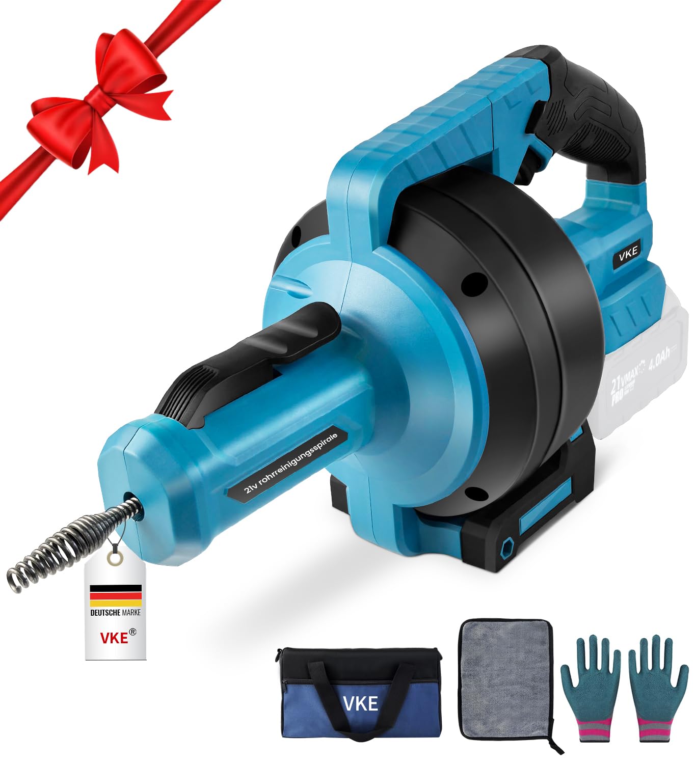 VKE 21V Sturatubi Elettrico, 24FT Sonda Sturatubi, Adatta per Tubi da 20-75 mm, Pulitore di scarico senza fili per fognature, Bagni, WC (Caricabatteria non Incluso)