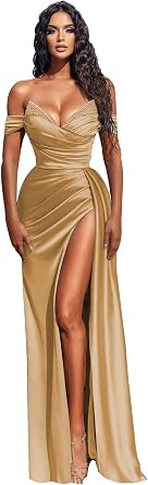 Prom Dresses Satin Ball Gown 2026 Off Shoulder Mermaid Long Slit Beaded Formal Evening Party Bridesmaid Gowns for Women