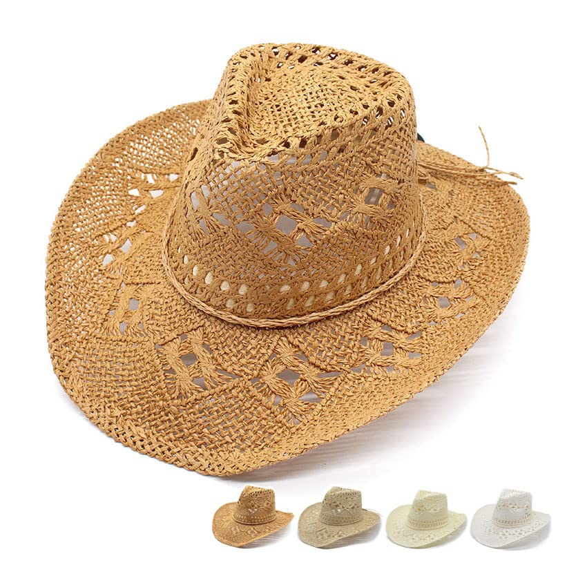Chapeau de cowboy ajouré pour les vacances au soleil d'été en paille beige - 2