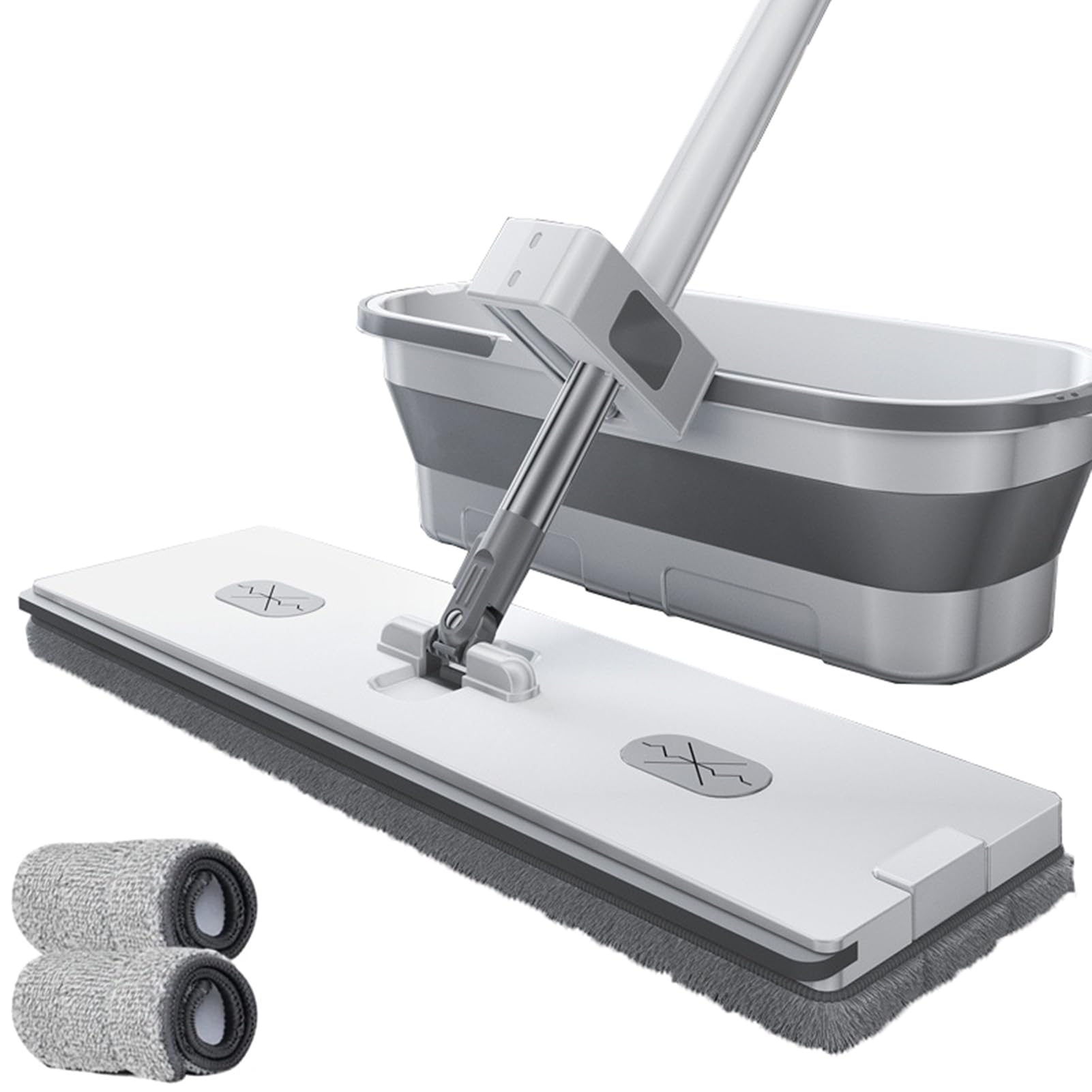 Set di mocio piatto e secchio, rotante a 360°, con raschietto per l'asciugatura e 8 panni in microfibra lavabili per la pulizia di pavimenti in legno, laminato, piastrelle