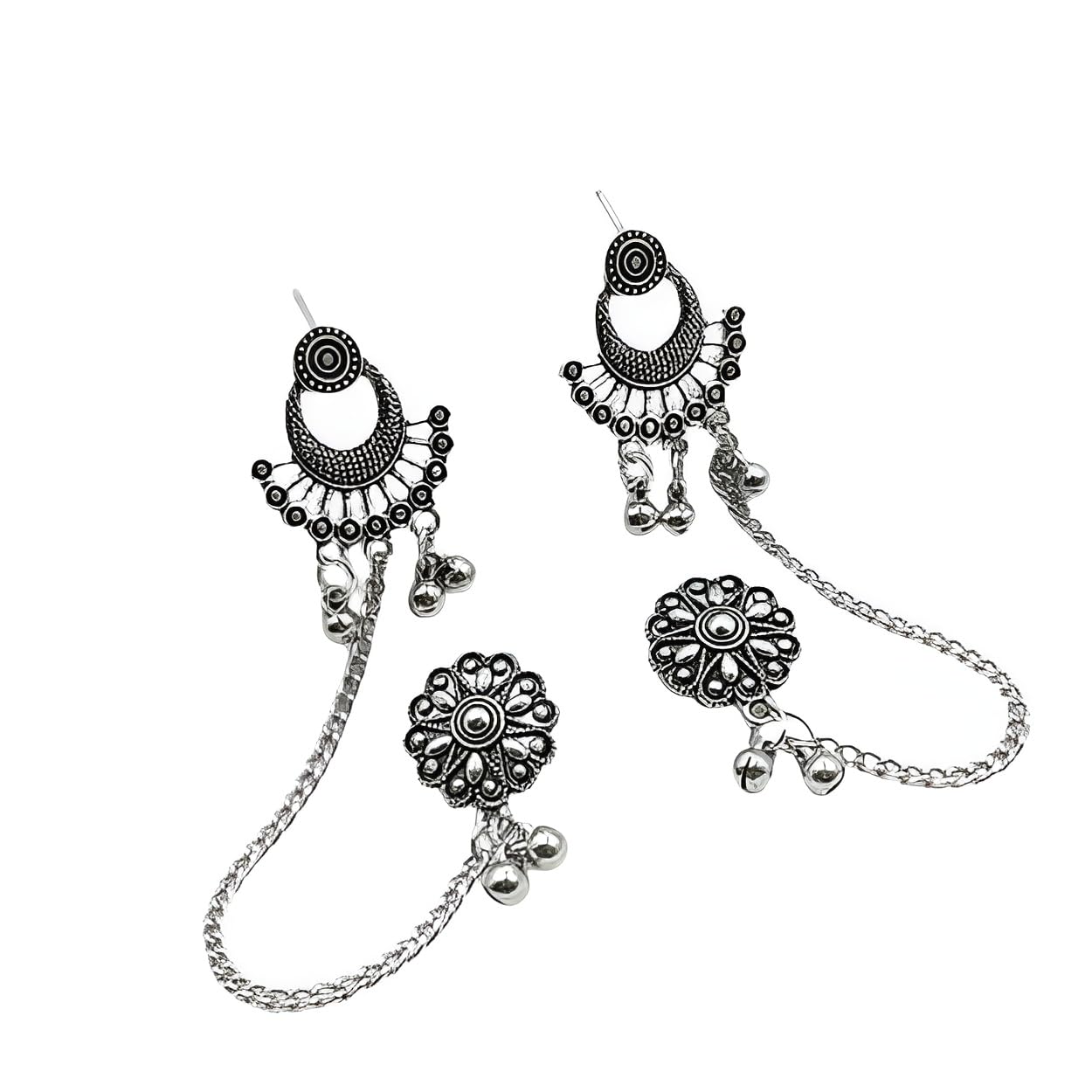 Oxidized Chain Earrings with Ear Cuff Style (Helix to Lobe) – Floral Stud & Crescent Moon Double Piercing Jewelry | Boho Ethnic Chain Earrings for Women & Girls-image-36