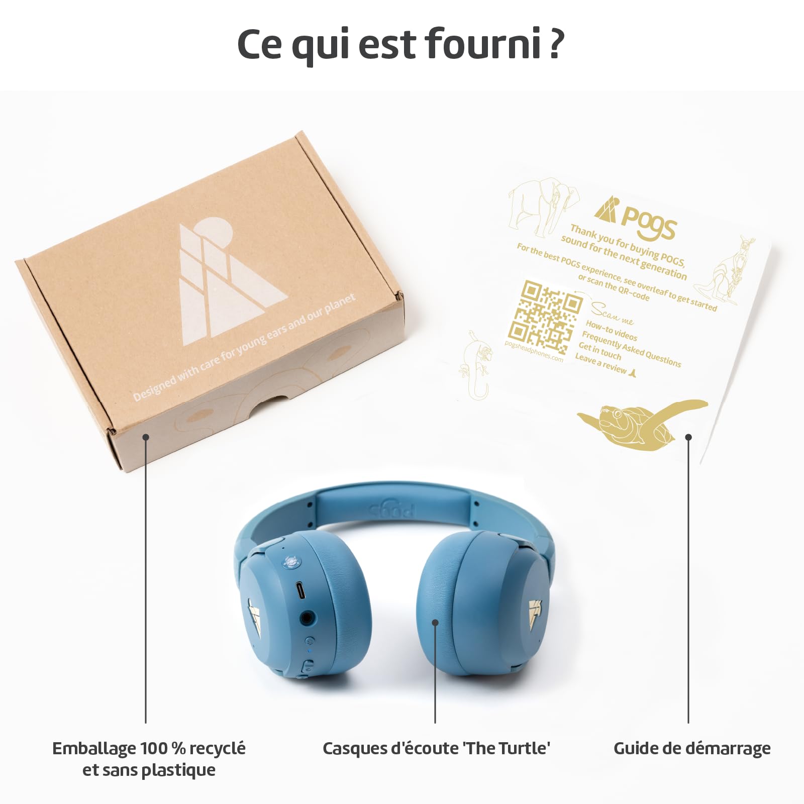 POGS La Tortue | Casque Audio Circum-auriculair sans Fil à réduction de Bruit | Casque Ajustable et Robuste | Limite de Volume à 85 DB, Microphone | Fonction de Partage de Musique sans Fil (rBleu)