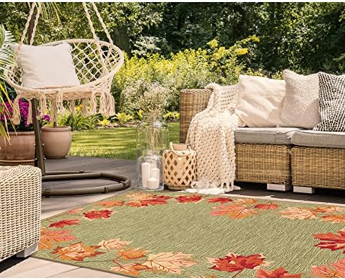 Liora Manne RAVELLA Indoor/Outdoor Hand Tufted Synthetic Blend Durable Area Rug - Traditional Border Fall Leaf Decorative (Falling Leaves Border Moss) (7'6" x 9'6")