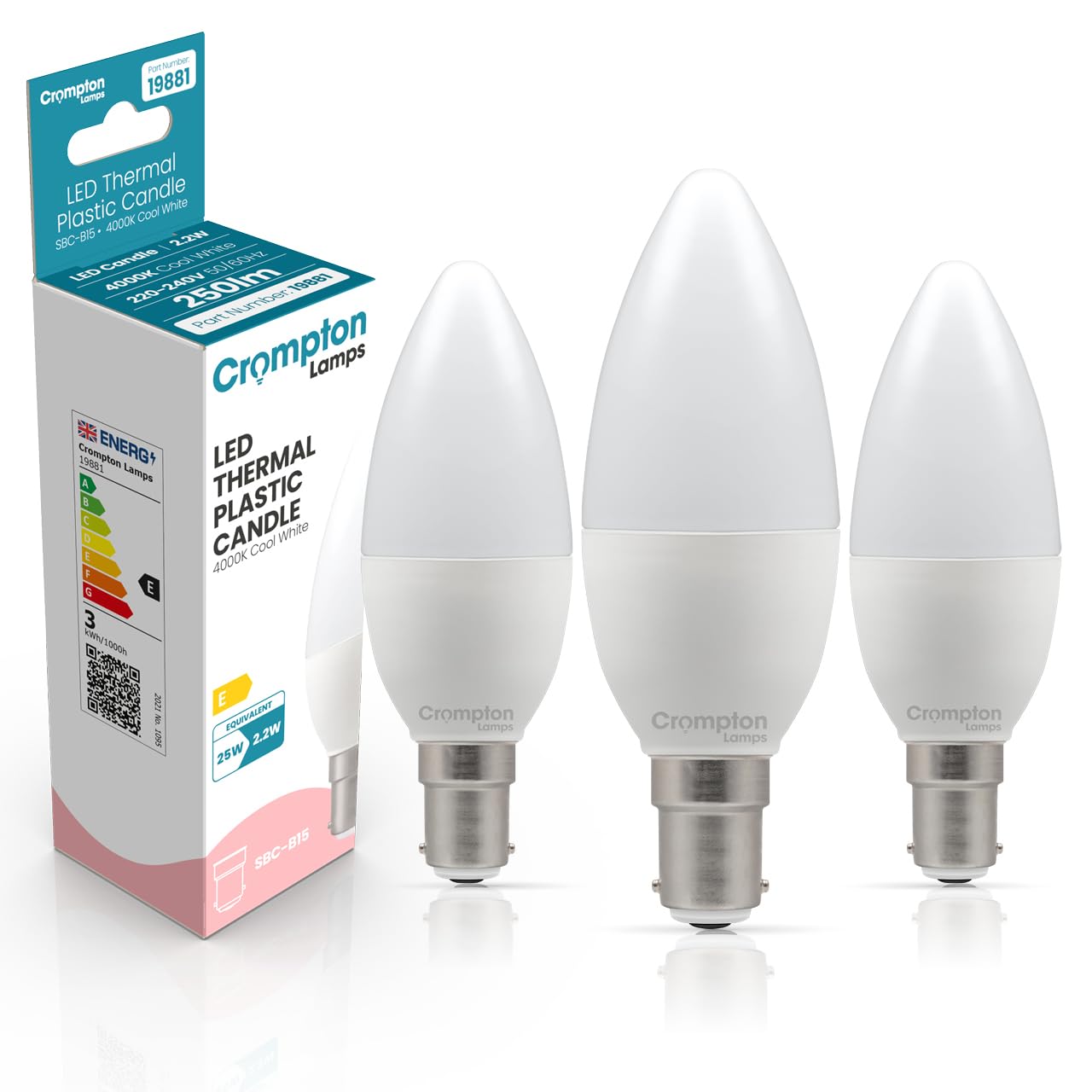 Crompton Lamps Candle LED B15 Bulb | 2.2W = 25W Equivalent | Cool White 4000K | Energy Efficient | Small Bayonet Lightbulb | Long Life 15,000-Hrs | Bulbs for Lamps | 3-Pack