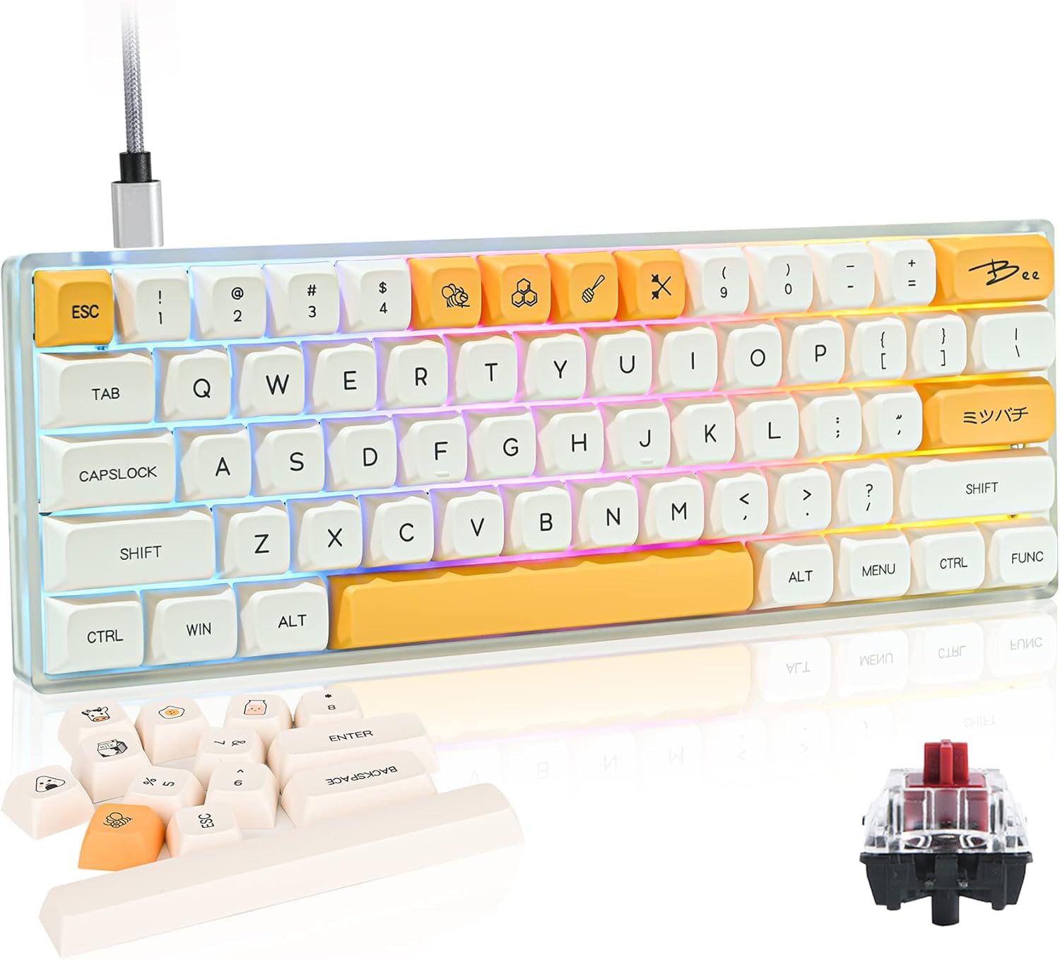 Fogruaden Tastiera meccanica da gioco al 60%, 61 tasti, retroilluminazione RGB, tastiera compatta con cavo al 60%, per PC Win/Mac, facile da trasportare in viaggio (GK61-Honeymilk-Red)