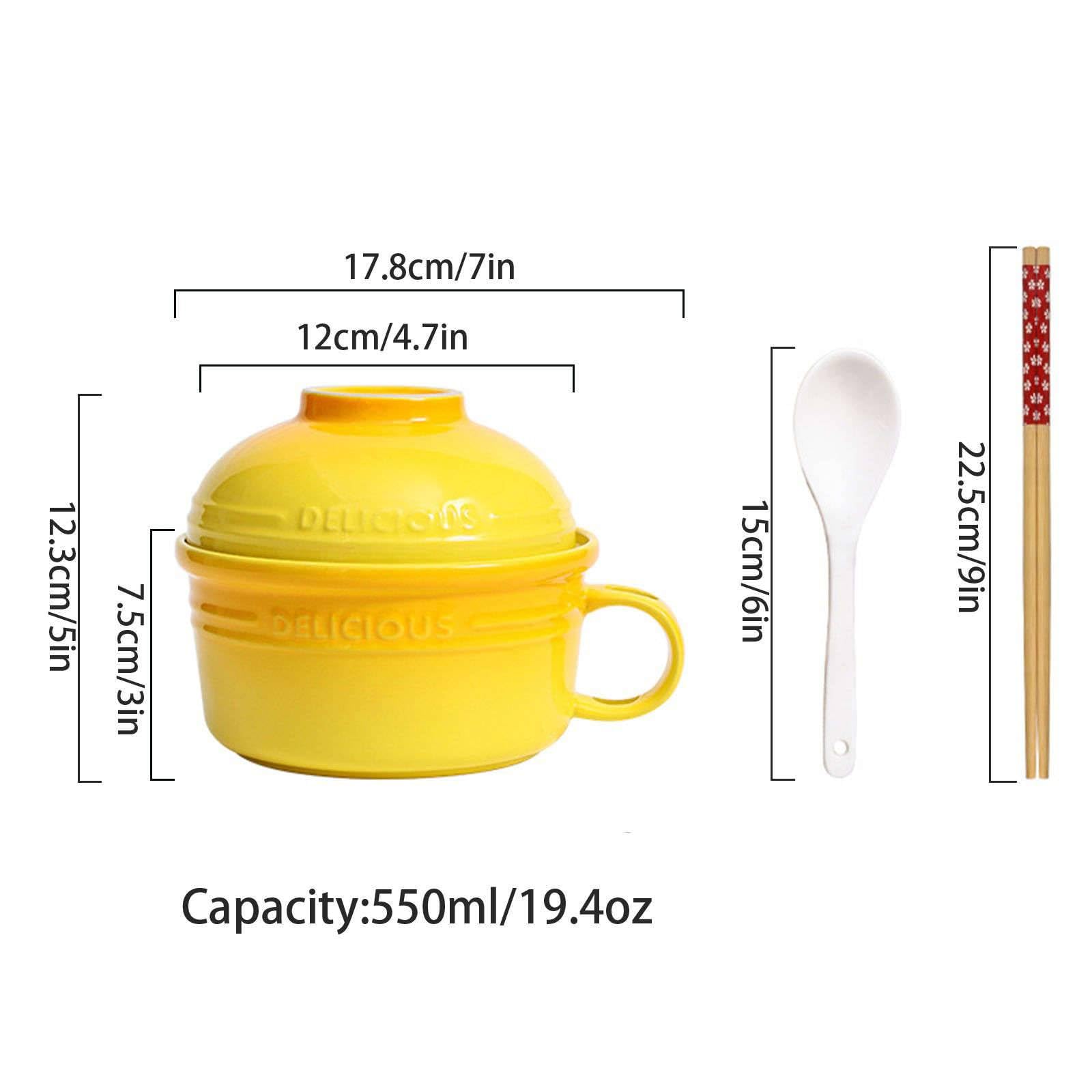 Keramik-Nudelschüssel, Keramik-Instant-Nudelschüssel, 550 ml, japanische Suppenschüssel aus Porzellan mit Deckel und Griff(Yellow)
