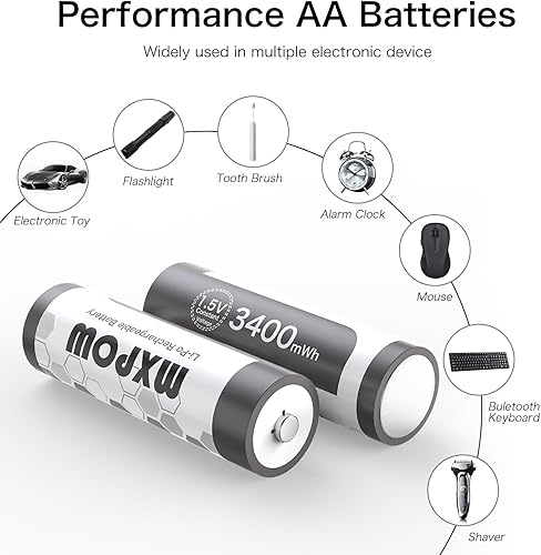 Miniatura 5 de MXPOW Baterías recargables AA de litio 1.5 V 3400 mWh, baterías recargables de litio AA, 4 unidades, 1500 ciclos con cargador inteligente