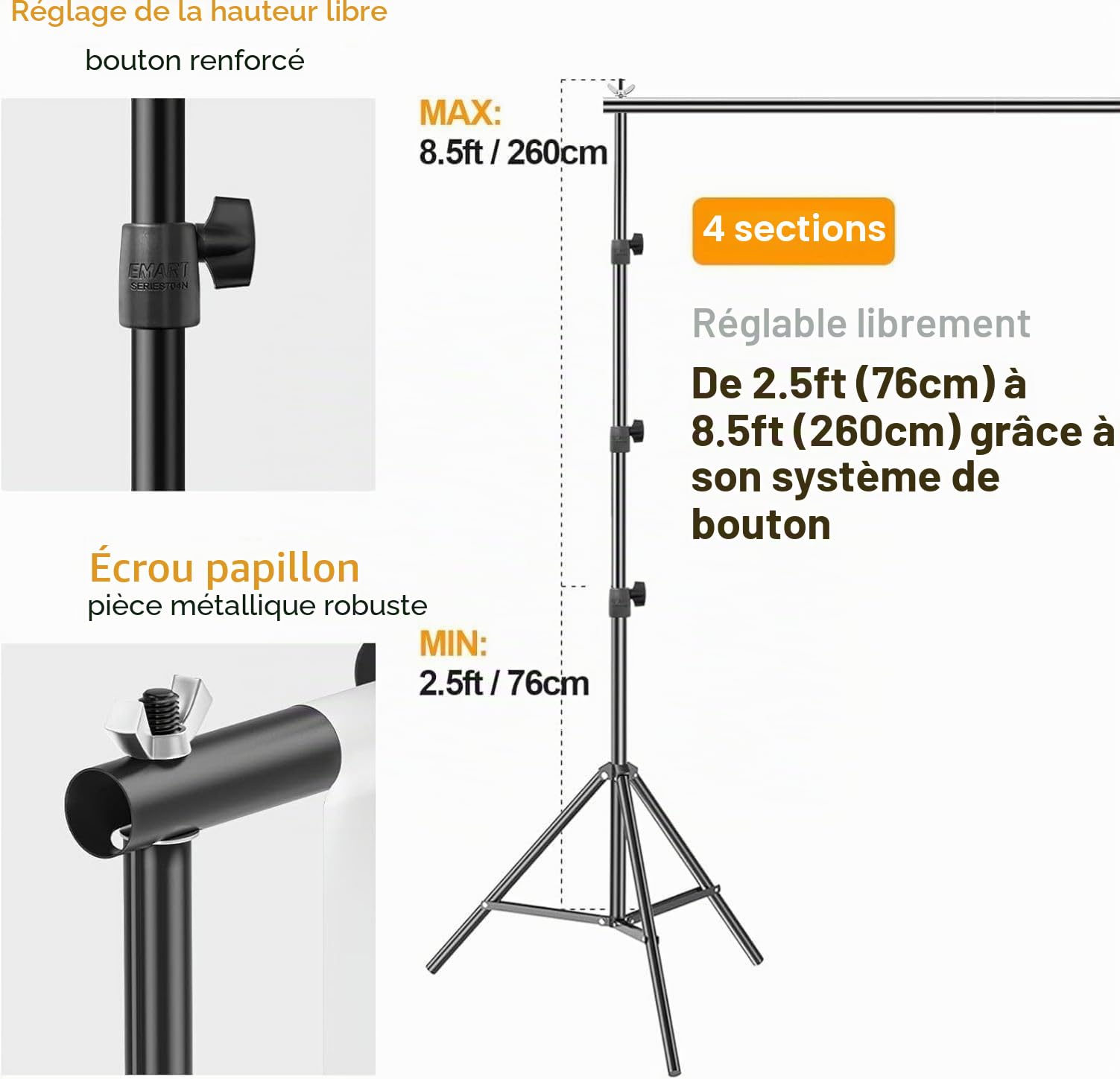EMART Système de Support de Toile de Fond Réglable 2,6m x 3m avec 2 Sacs Sable et 1 Sac de Transport pour Studio Photo, Photographie, Diffusion en Direct, Fête, Mariage