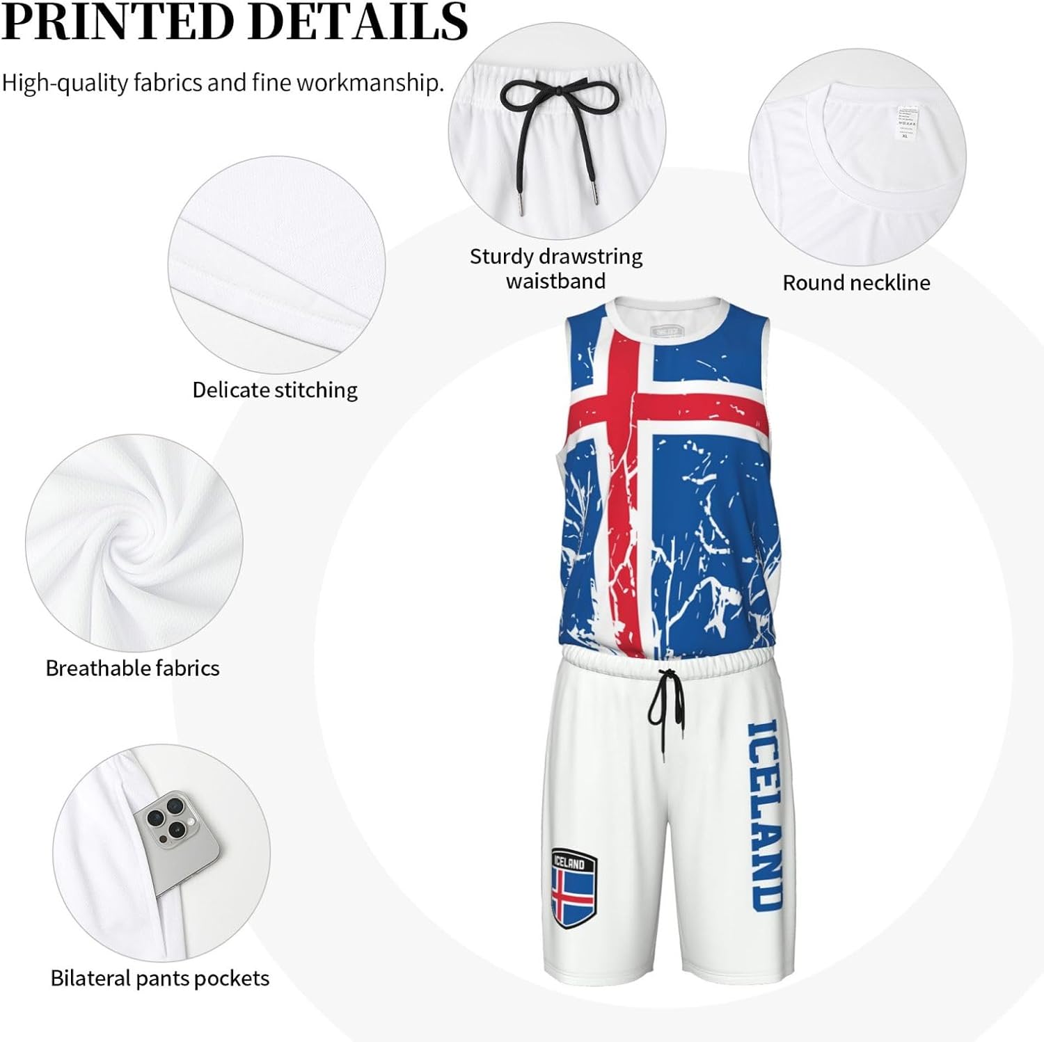 Iceland Flag Grain (1) Basketball Jersey Uniform Suit for Men Adults Training Athletic Set