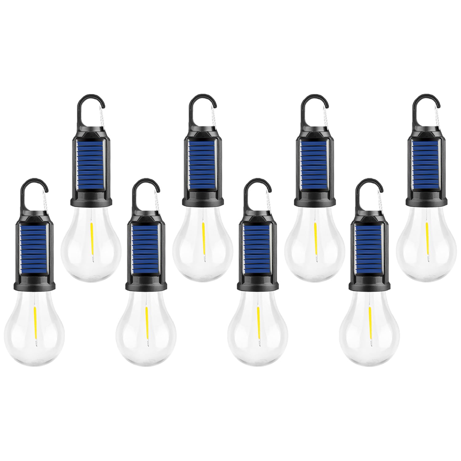Paquete de 8 faroles solares LED para camping, luz recargable para tienda de campaña al aire libre con carga solar/USB, 3 modos de color blanco cálido, impermeable y gancho de clip, para