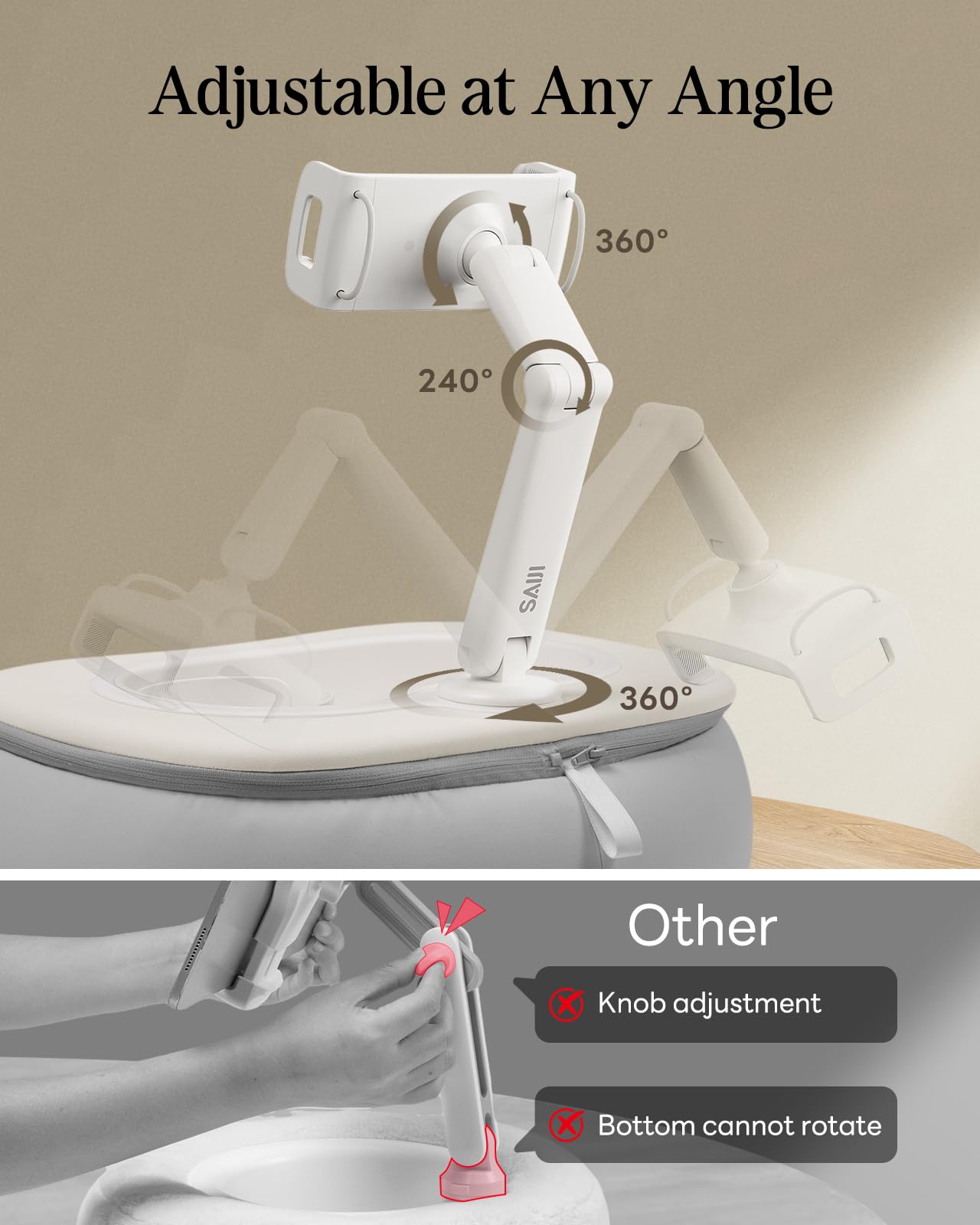 SAIJI Tablet-Kissenständer für Bett, verstellbarer iPad-Halter mit lebensmittelechter Snackschale, Kindle-Zubehör zum Lesen, geeignet für 11,9–33 cm (4,7–13 Zoll) Kindle, Handy, Tablet, Grau