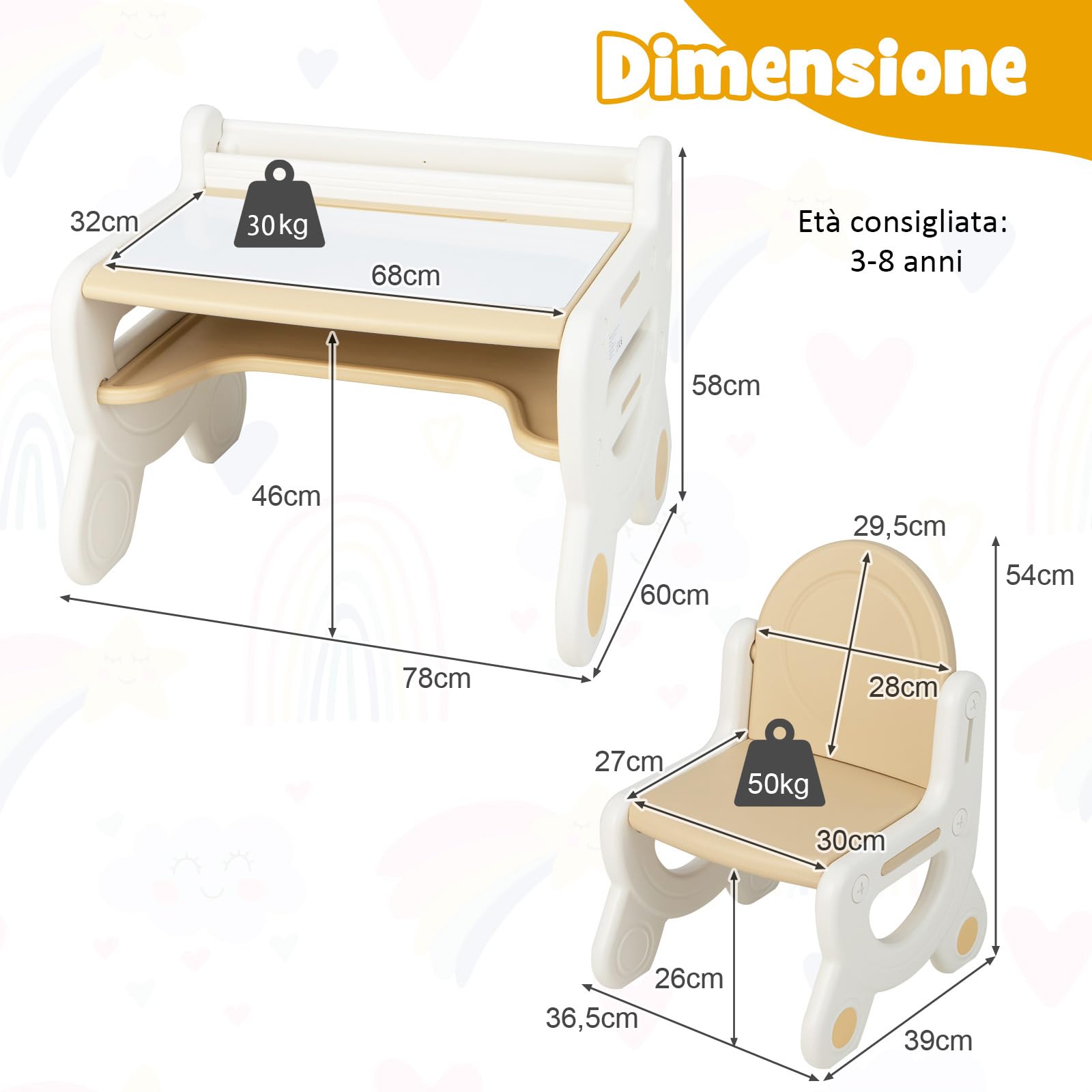 COSTWAY Set Tavolo e sedia per Bambini, Tavolo per Bambini con Sedia, Tavolo da Disegno Cancellabile e Ripiano, per Disegnare, Leggere, Giocare, Ideale per Bambini 3-8 Anni (Brown)