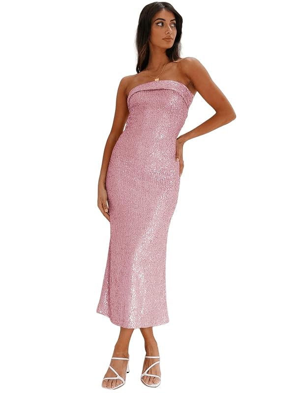 YISENRIY Women Strapless midi Sequin Dresses Bodycon Sleeveless Wedding Guest Sparkly Glitter Formal Cocktail Dress (US, Alpha, Medium, Regular, Regular, Pink) by YISENRIY - Used condition - Image 7