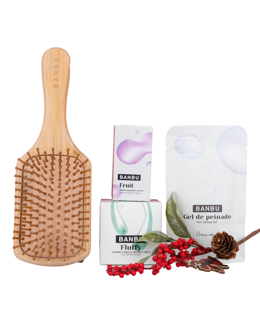 BANBU | Pack Método Curly | Cepillo de Madera Cuadrado, Acondicionador Fruit, Champú Fluffy, Gel de Peinado | Kit Cuidado Rizos Naturales