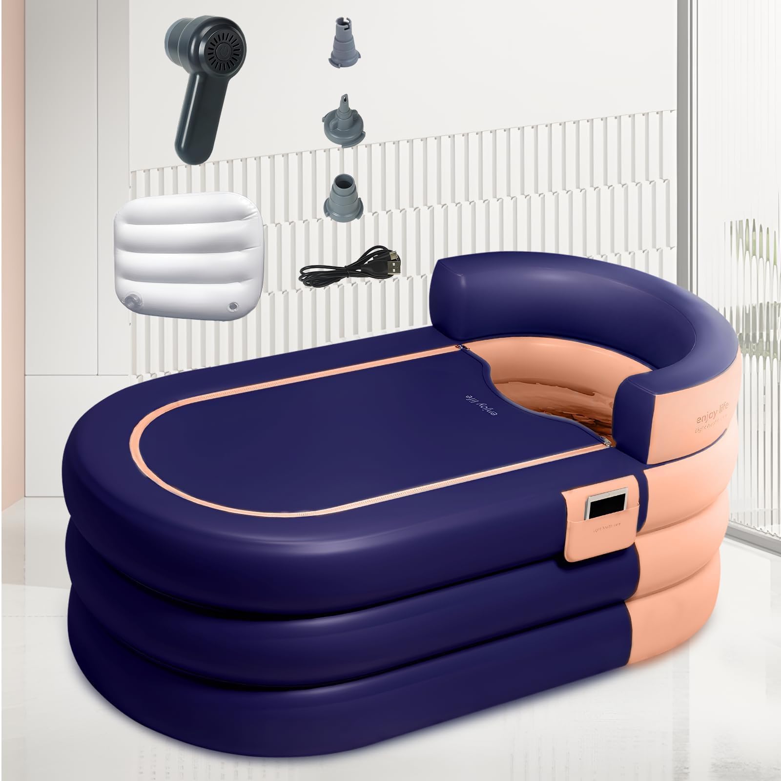 Zertylre Inflatable Bathtub Adult, 160cm/63in Portable Foldable Freestanding Bath for Small Space Hot/Cold Plunge Bath Ice Bath Spa Tub with Lid, Freestanding Bathtub,Headrest