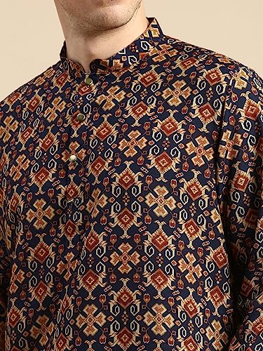 Image of Men's Black Art Silk Regular Fit Ethnic Motifs Kurta | Indian Kurta | Festive Ethnic Kurta with Embroidered Packet