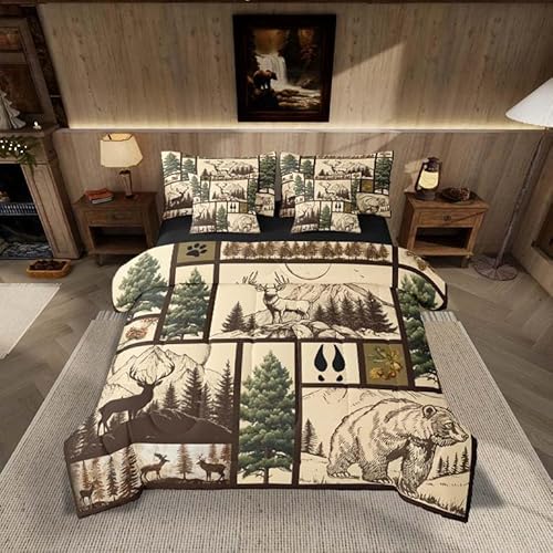 Feelyou Deer Bed in a Bag Queen Size Bear Comforter Set 7 Pieces Moose Wild Animal Rustic Cabin Country Tree Mountain Bedding Set Room Decor Brown Plaid Bed Set with Comforter, Sheet Set, Pillowcases
