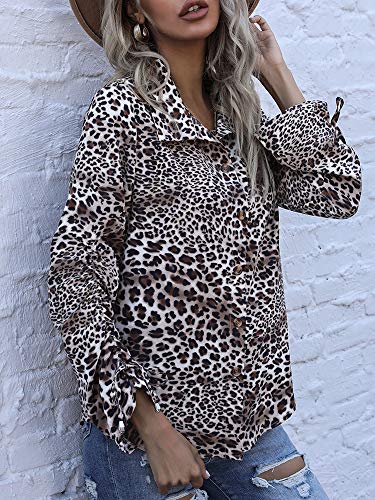 Domary Blusa feminina leopardo manga comprida com cordão e botão de gola virada para baixo.