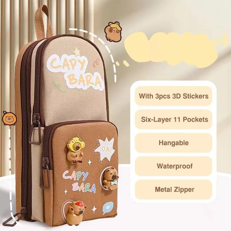Image of Invite Enterprise Three Layer School Bag-Shaped Pencil Pouch, Large-Capacity Pencil Pouch with Zipper, Multipurpose Pen & Pencil Case for School Supplies for Boys & Girls (Capybara - AA)