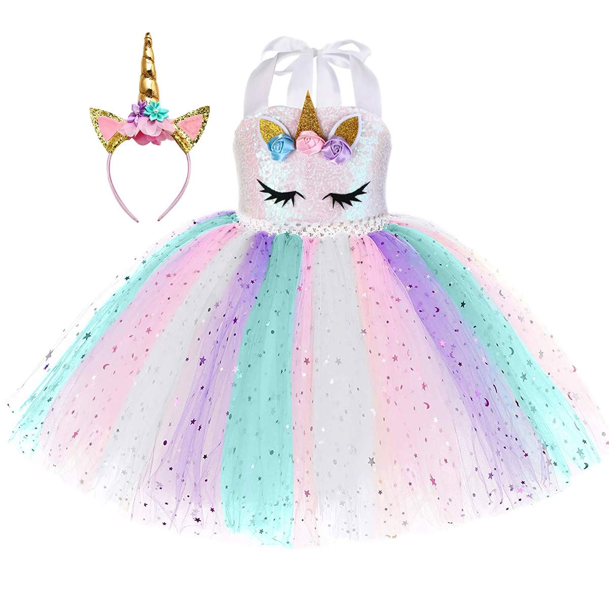 MYRISAM Girls Kids Unicorn Sequins Tutu Dress w/Headband Halloween Costume Rainbow Tutu Outfits Princess Birthday Party Gift