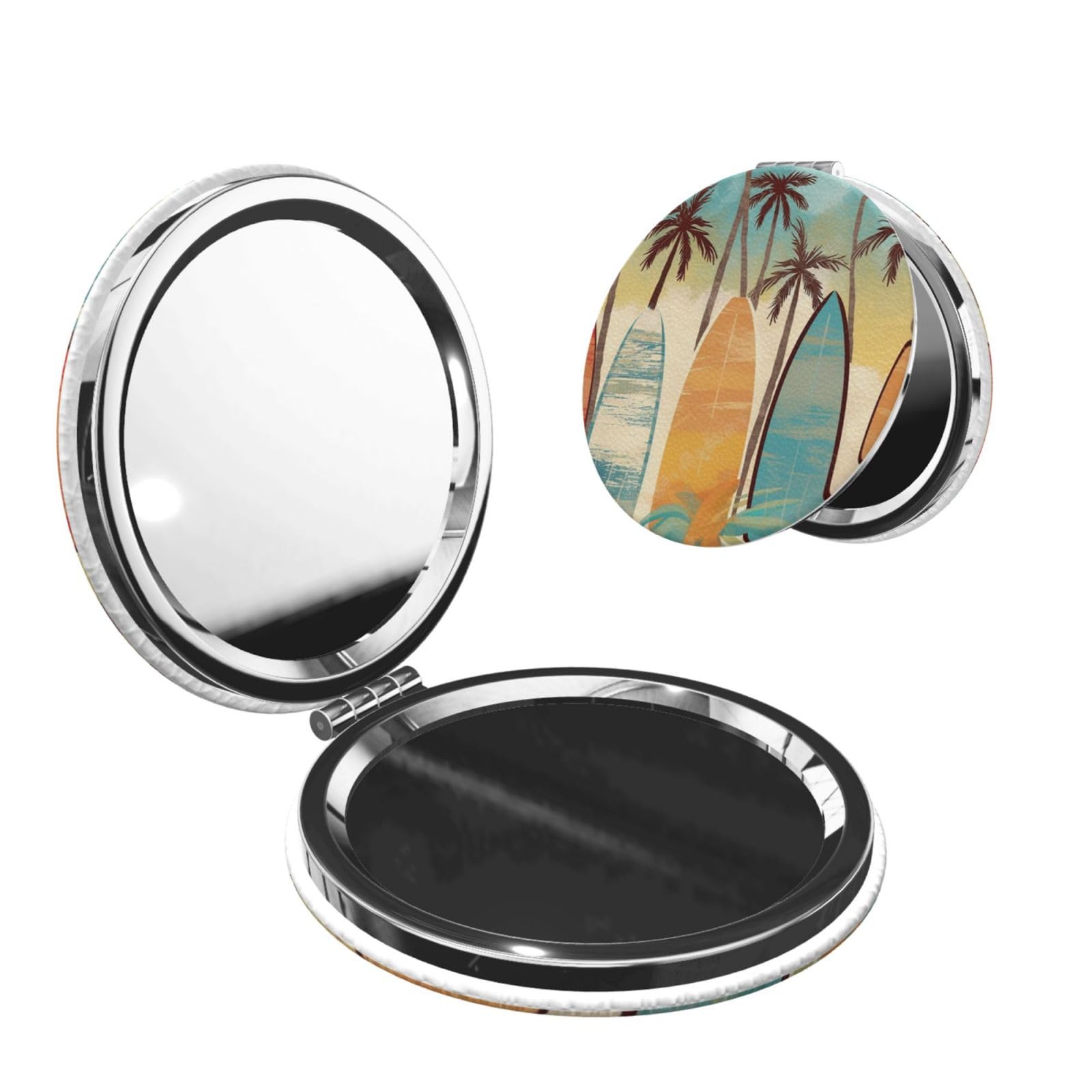 DWVTSLH Surfboard Palm Tree Compact Mirror for Purse, Double-Sided 2X/1X Magnifying Mirror for Women Men, Travel Makeup Mirror for Handbag, Handheld Vanity Mirror for Gift