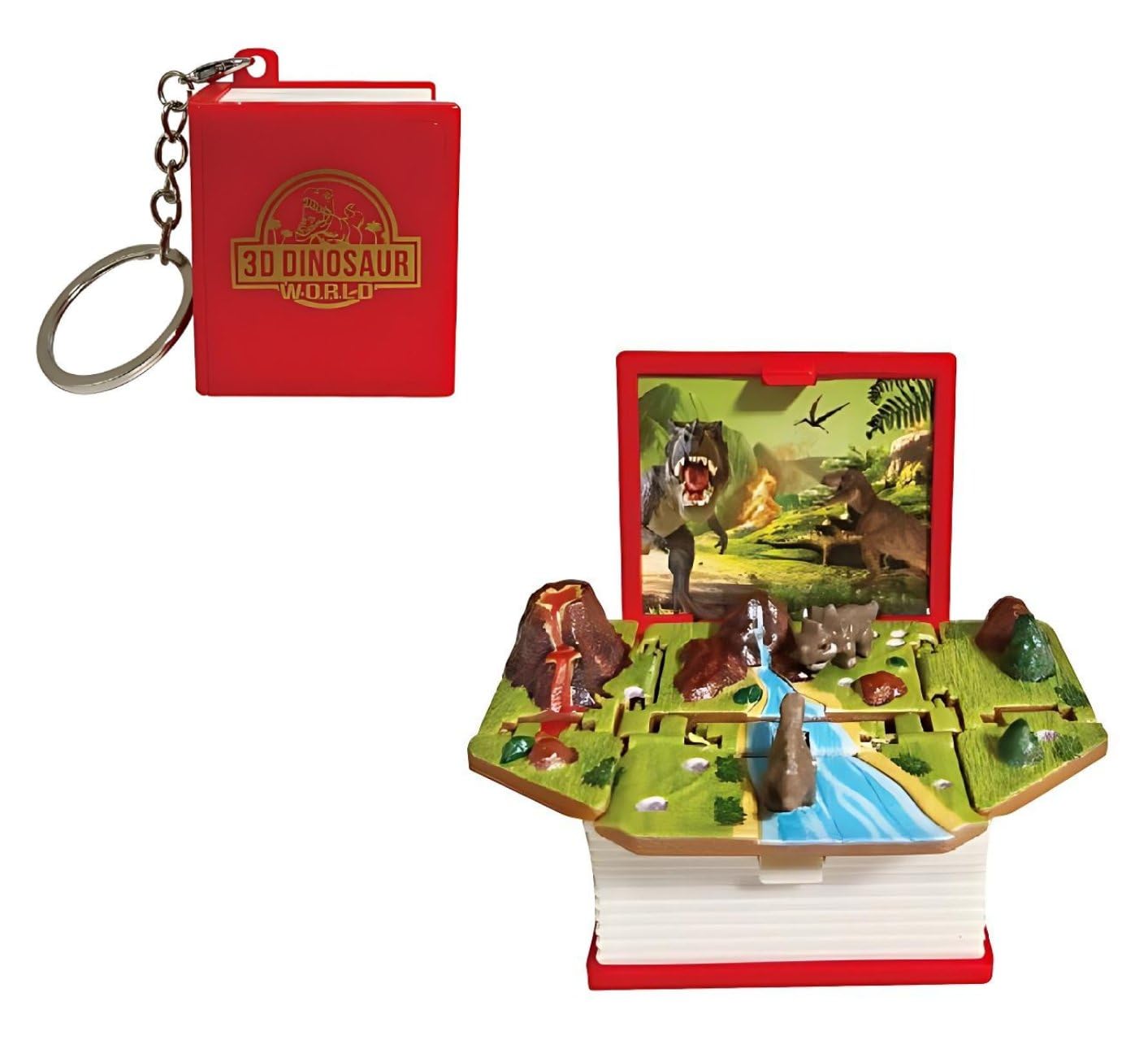 honselia Pop-Up Book Keychain For Kids Mini Backpack Keychains, 3D Folding Keychains For Children Gift, Red Dinosaur, 40mmx50mmx26mm