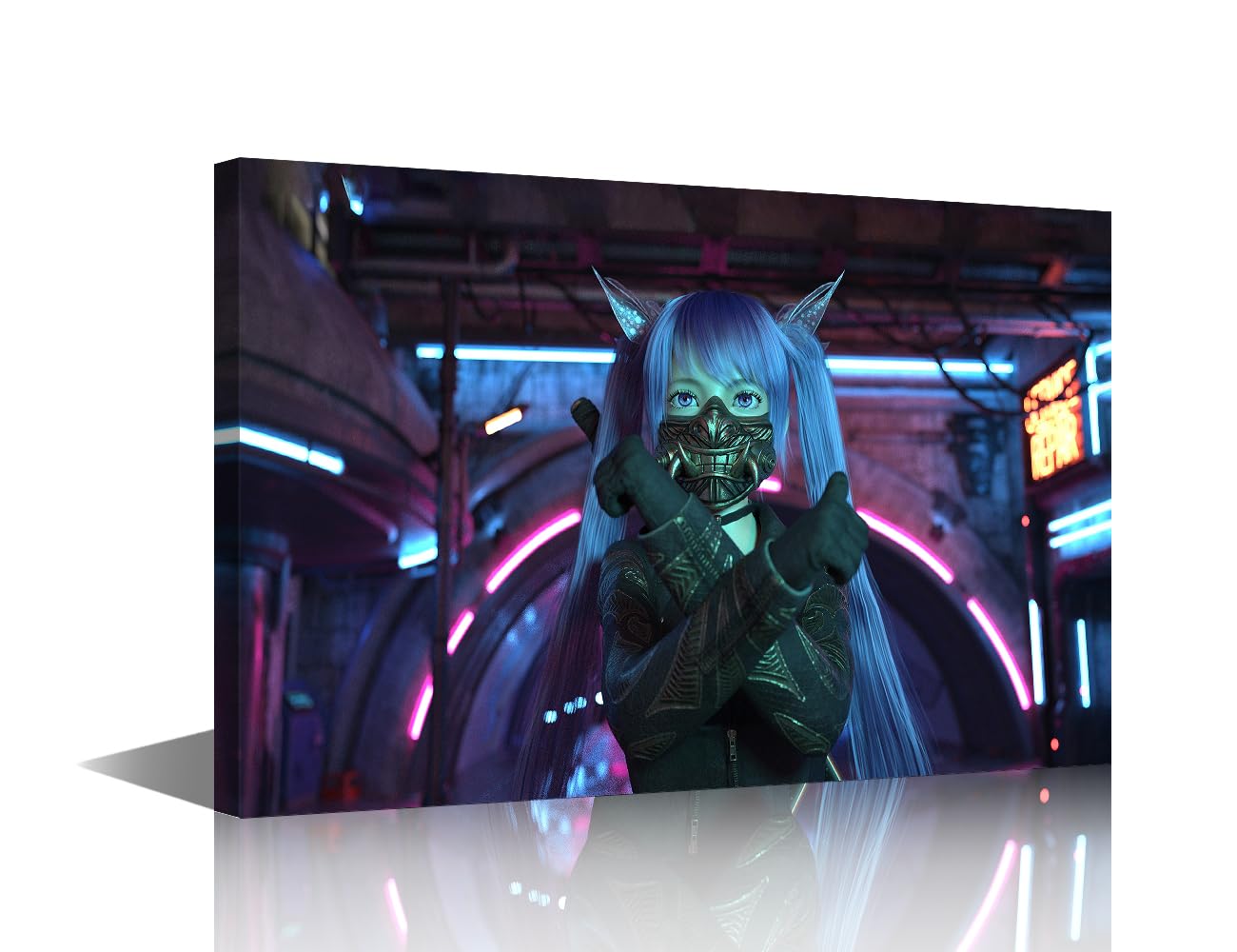 Wall Art for Living Room 1 Piece Cyberpunk Girl with Blue Hair in Metallic Mask Picture Artwork Wall Decor Living Room Print on Canvas Framed Ready to Hang 12x18 in