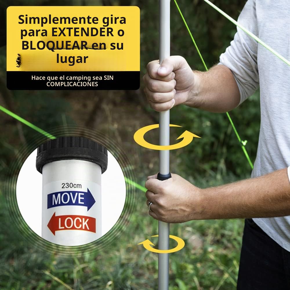 Varilla telescópica Everbeam para toldo, Camping, Senderismo, Pesca. Barra de Aluminio Ajustable 233 cm. Portátil, Ligera, Genial para Carpa o vivac. Incluye Vientos, piquetas, Bolsa de Transporte