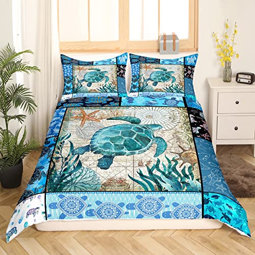 Loussiesd Sea Turtle Bedding Set Blue Boho Tortoise Comforter Cover Set for Kids Women Men Ocean Marine Turtle Duvet Cover Teal Bohemian Bedspread Cover 3Pcs Super King Size - Image 3