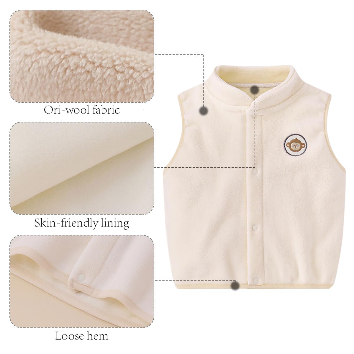 3 Pezzi Gilet Bambino in Pile Vello Polare, Capispalla Collo Alto Senza Maniche Bottoni a Pressione Autunno Inverno Caloroso con Motivo 6 Mesi-5 Anni